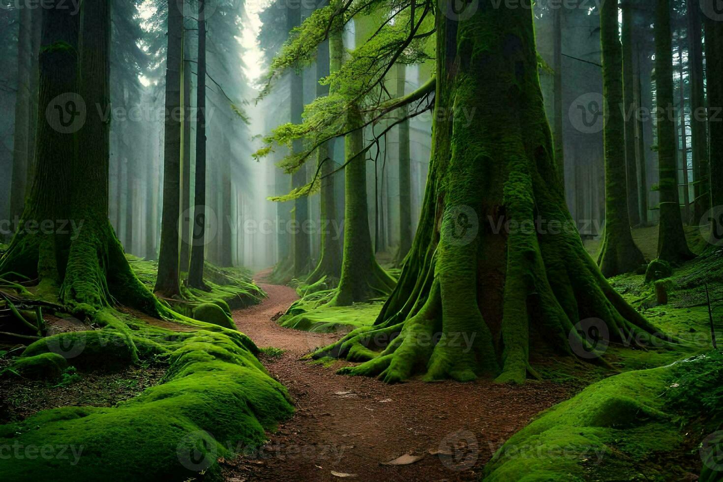 a path through a forest with mossy trees. AI-Generated photo