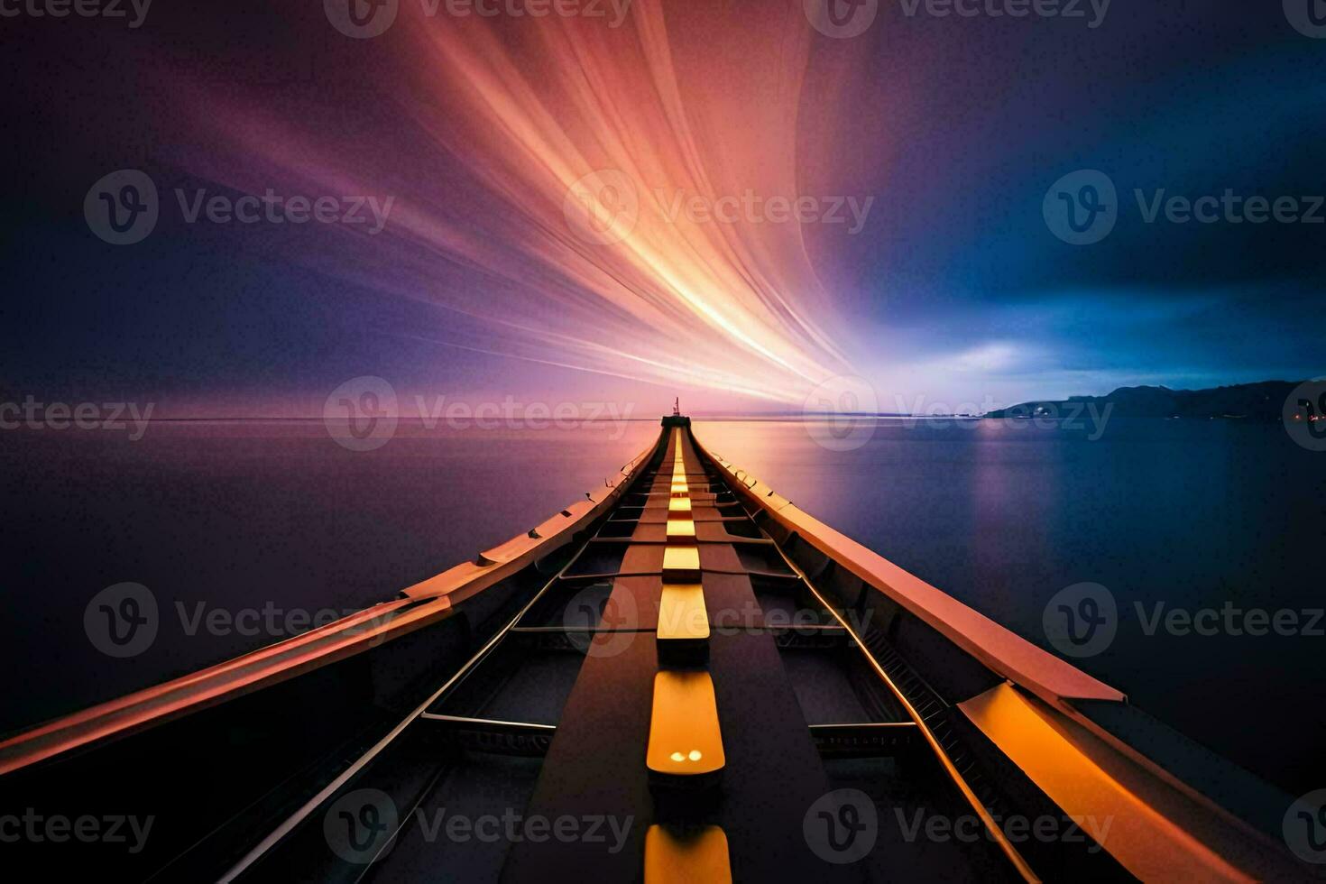 a long exposure photograph of a boat in the ocean. AI-Generated photo