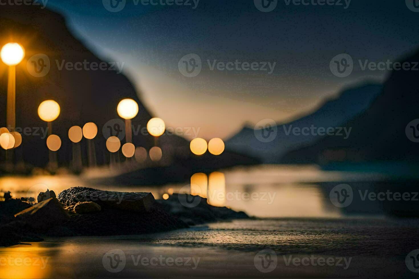 a street light is shining on the water at night. AI-Generated photo