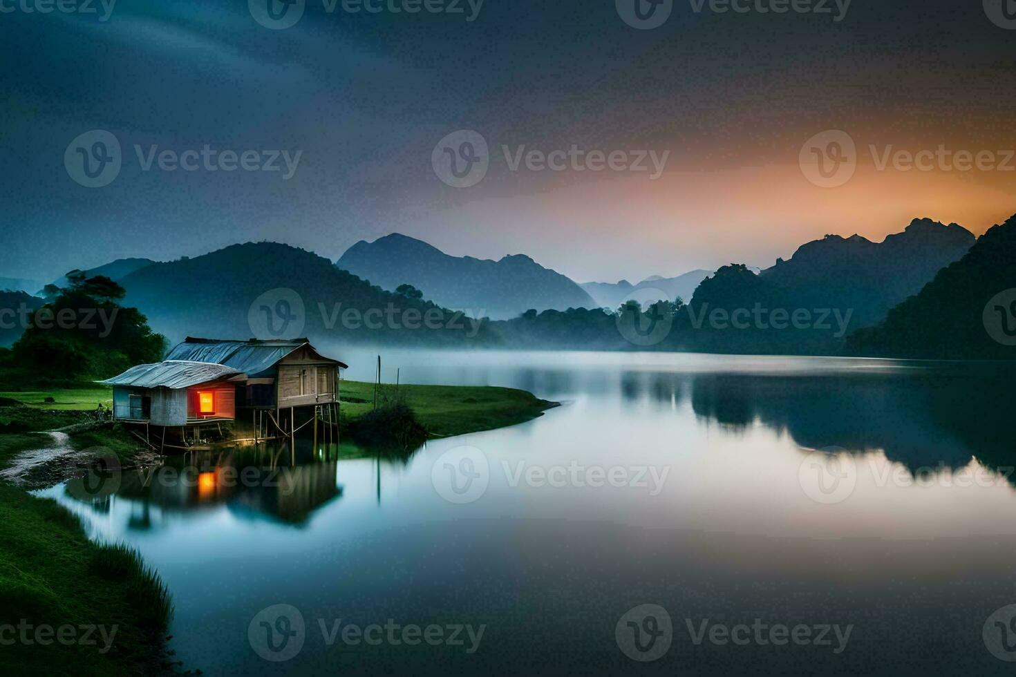 a small house sits on the edge of a lake at sunset. AI-Generated photo