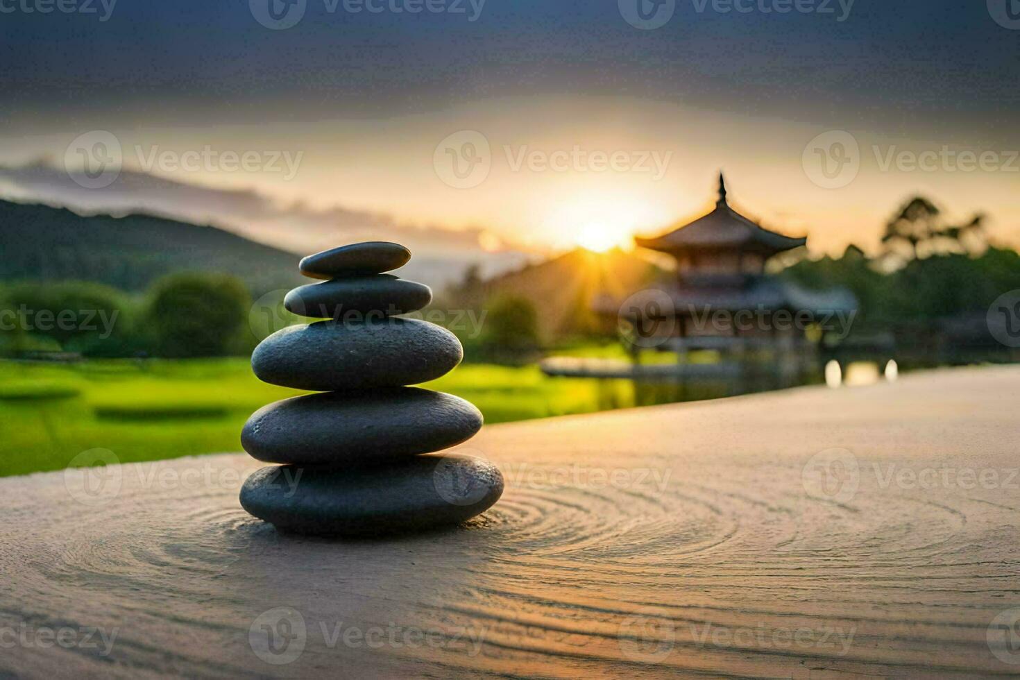 zen stone balancing on the wooden table. AI-Generated photo