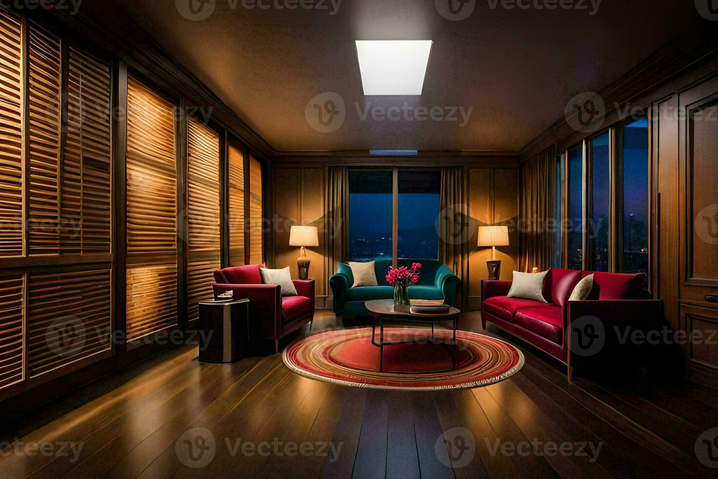 a living room with wooden floors and a large window. AI-Generated photo