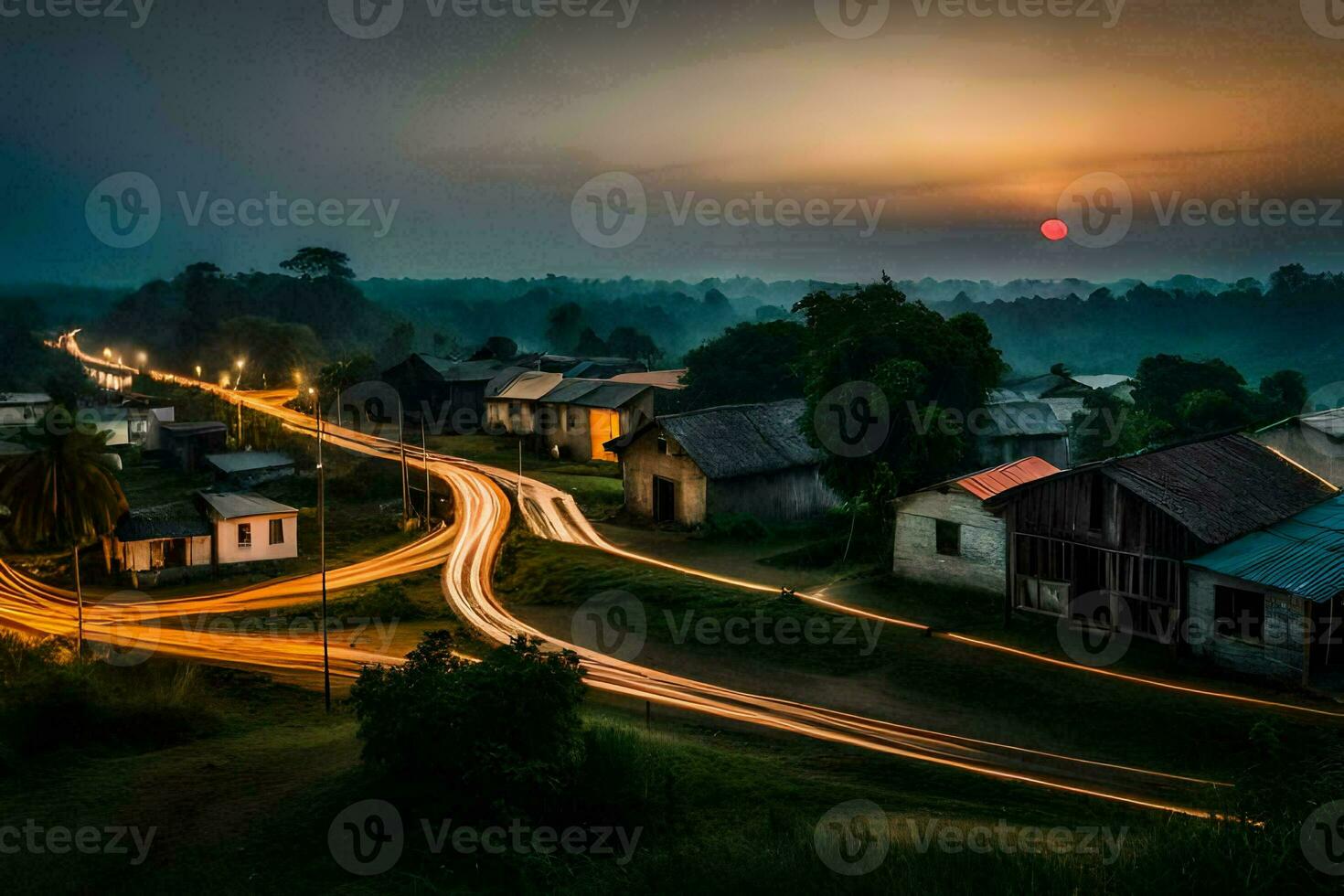 the sun sets over a village in the middle of the night. AI-Generated photo