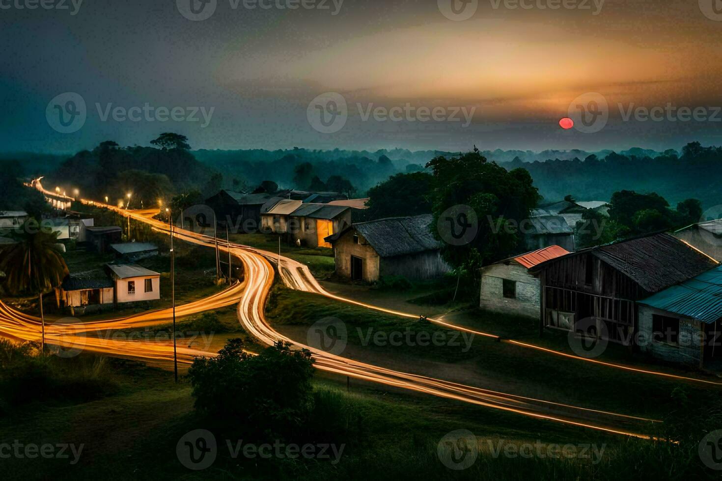 el Dom conjuntos terminado un pueblo en el medio de el noche. generado por ai foto