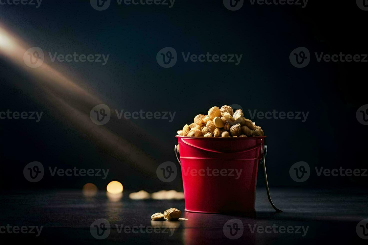 a red bucket filled with peanuts on a dark table. AI-Generated photo