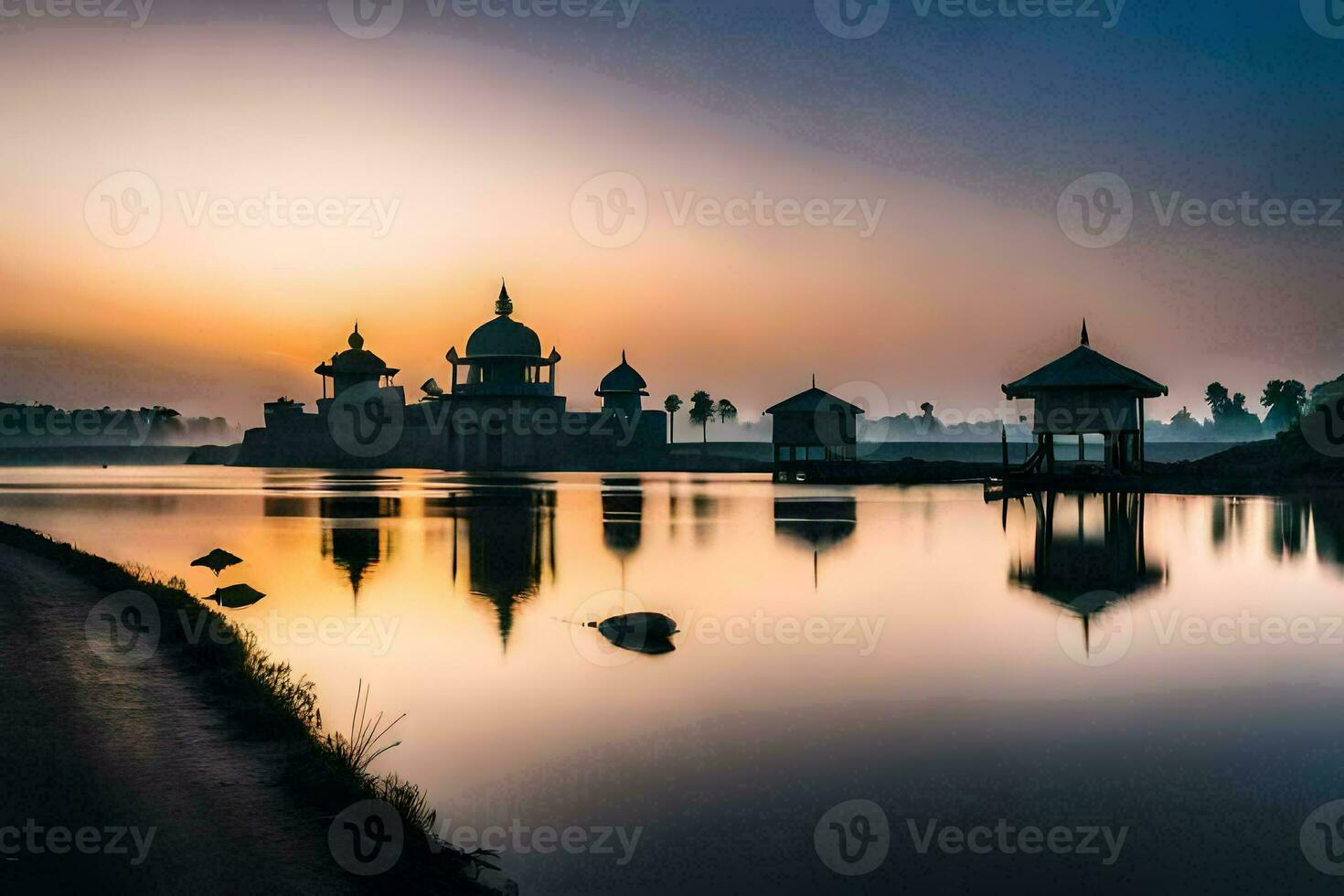 the sun rises over a lake with a mosque in the background. AI-Generated photo