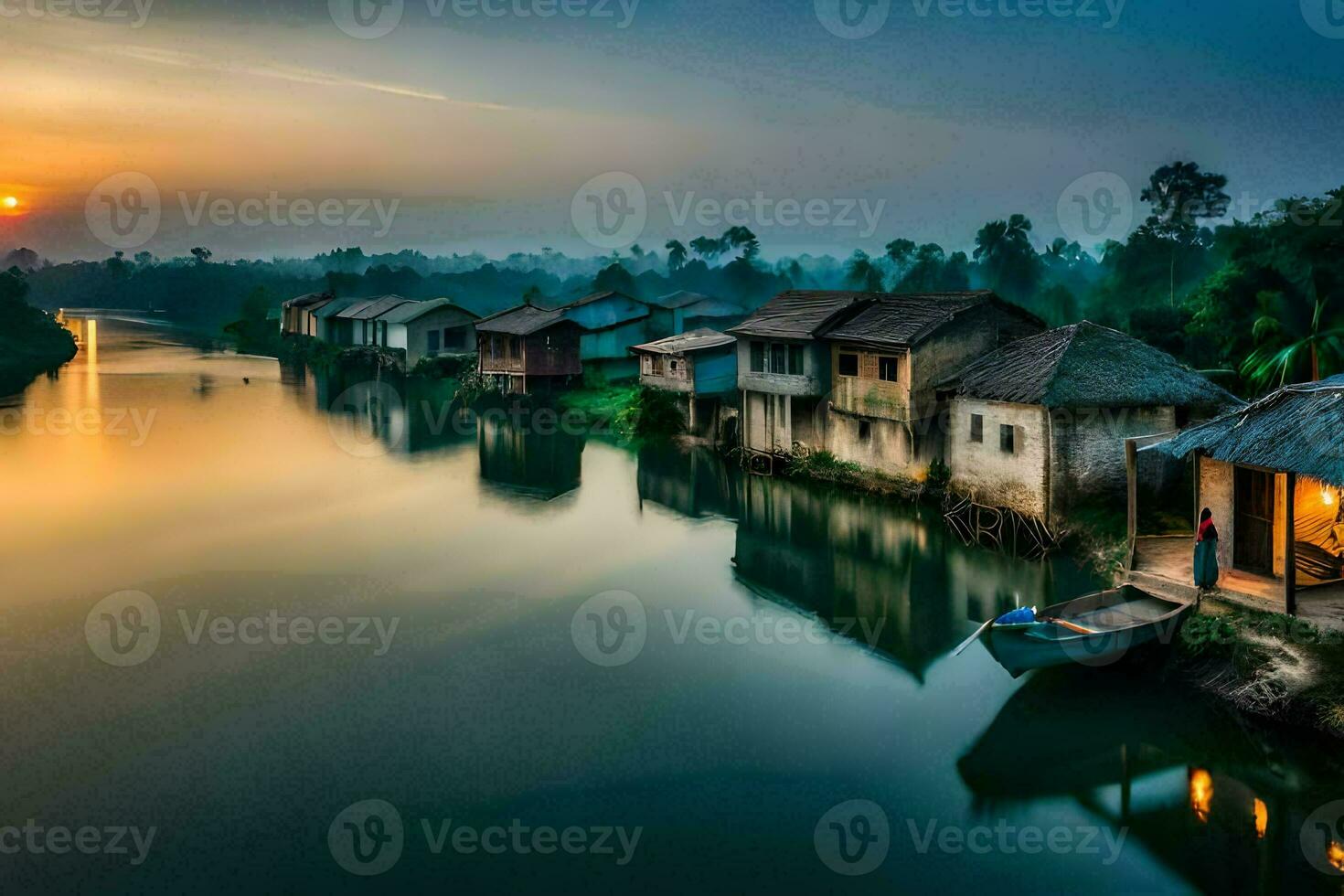 a river in the middle of a village at sunset. AI-Generated photo