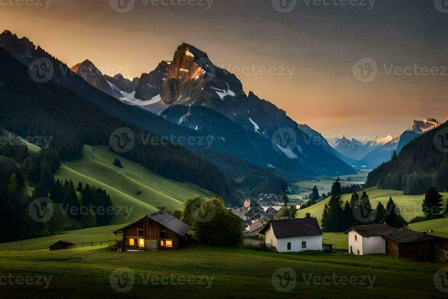 a small village in the mountains at sunset. AI-Generated photo