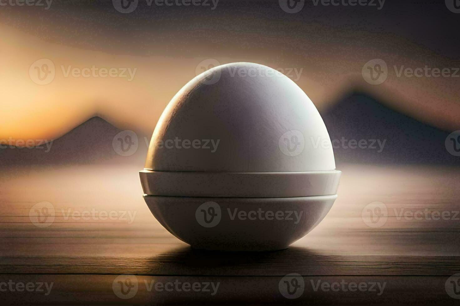 an egg sitting on a table with a mountain in the background. AI-Generated photo