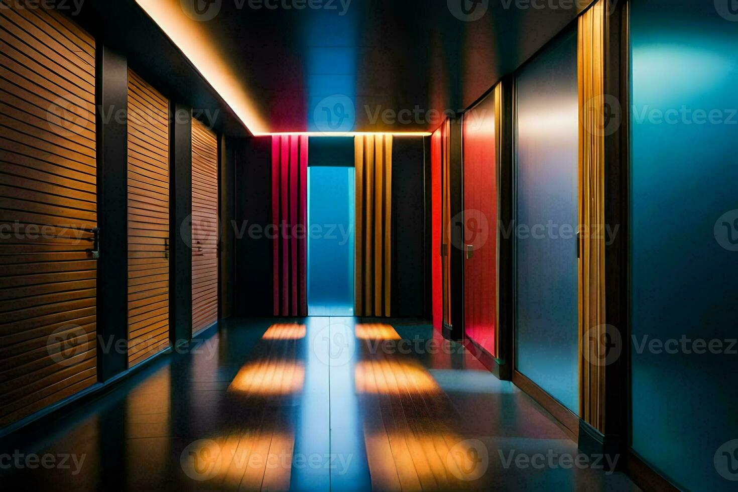 un pasillo con vistoso luces y de madera puertas generado por ai foto