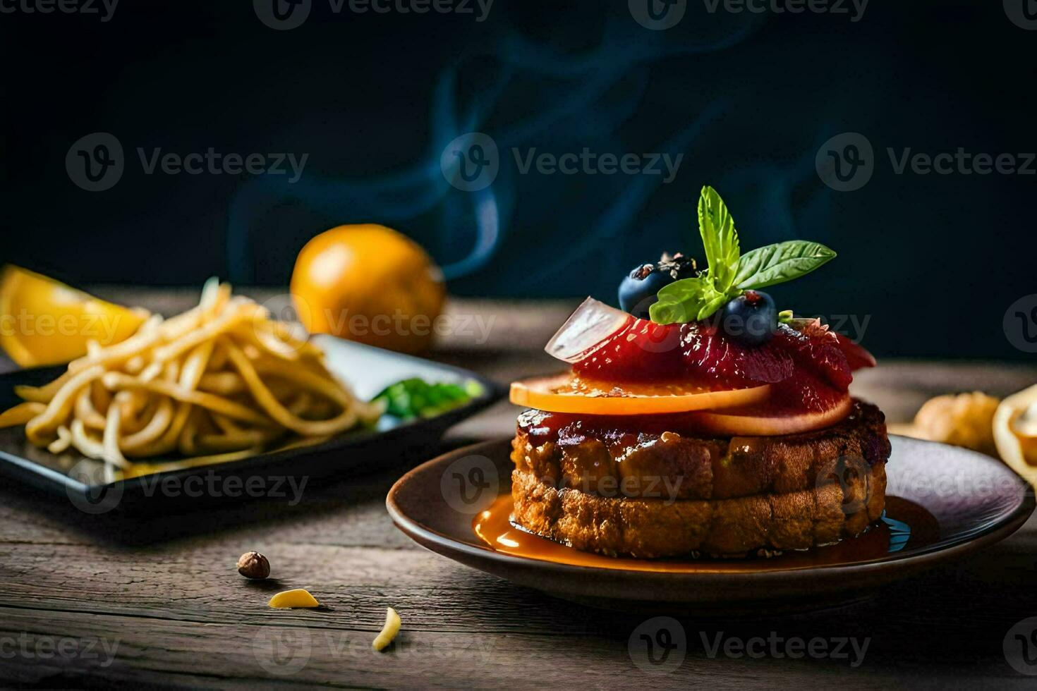 a plate with a cake and fruit on it. AI-Generated photo