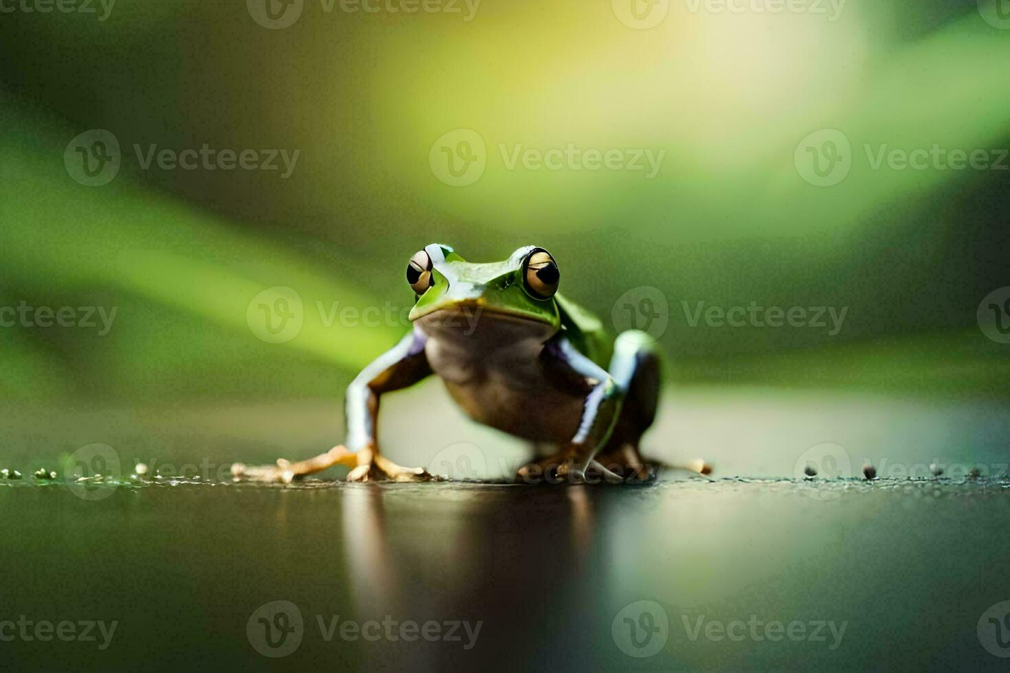 a frog is standing on a table with a green background. AI-Generated photo