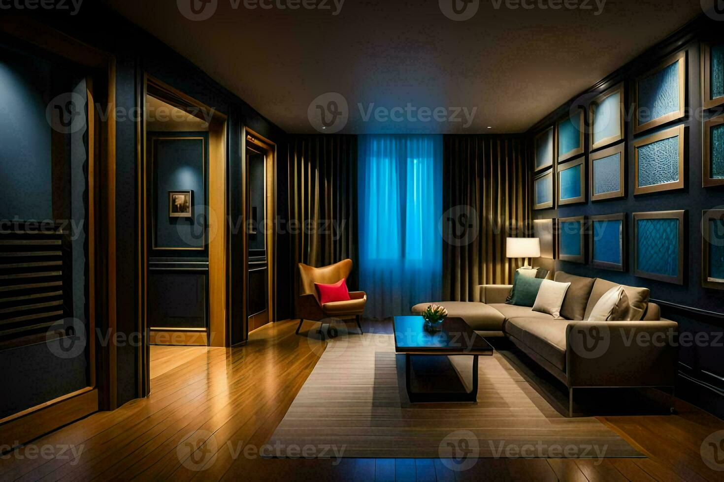 un vivo habitación con oscuro azul paredes y madera pisos generado por ai foto