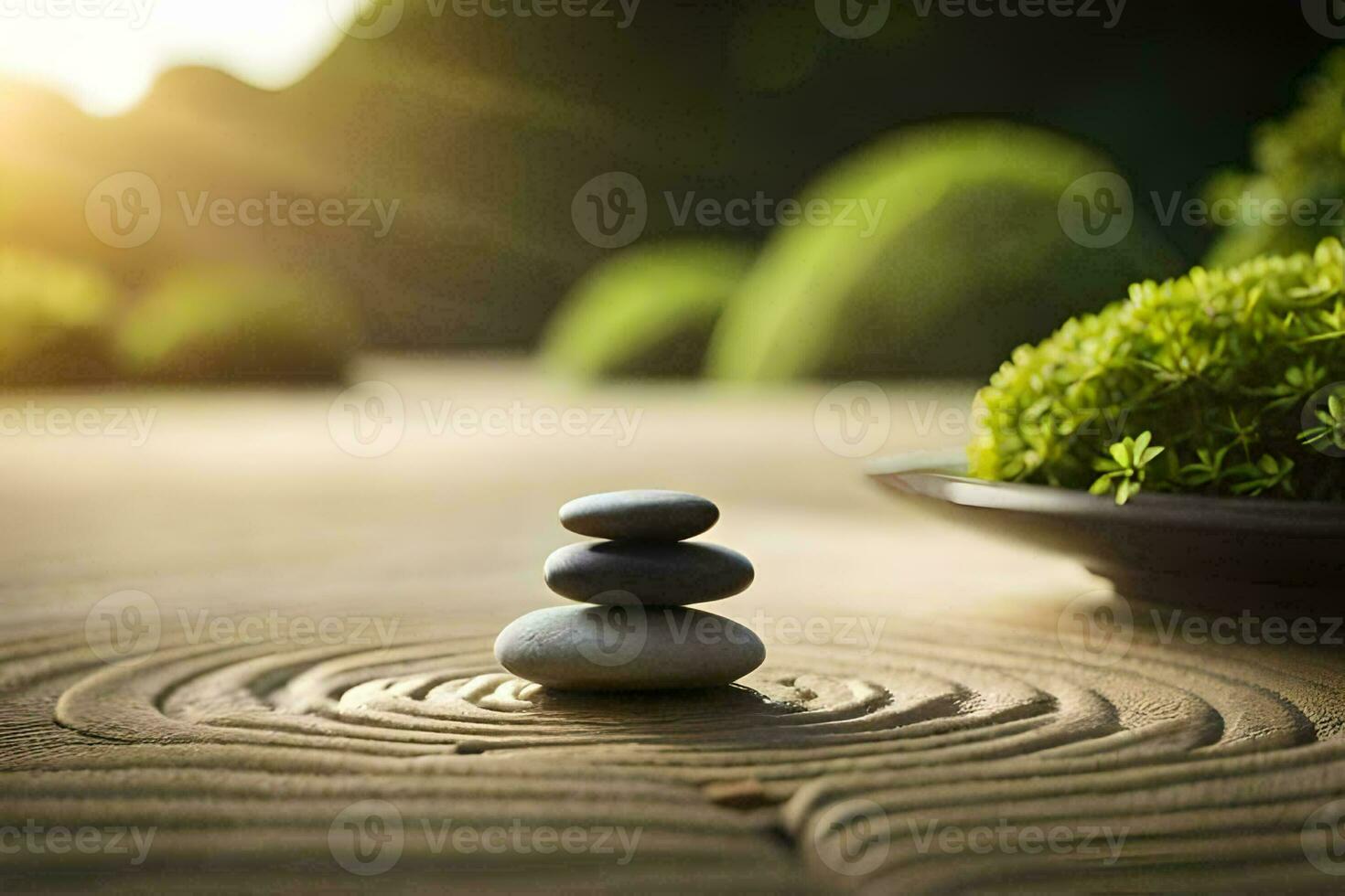 a zen garden with stones and plants. AI-Generated photo