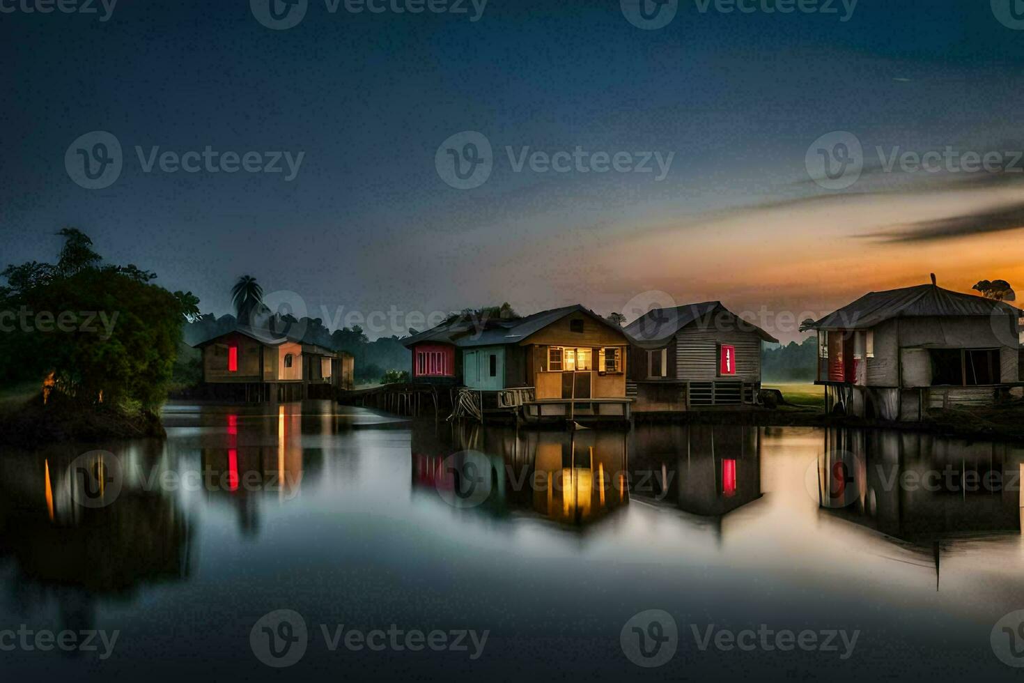 houses on the water at sunset. AI-Generated photo