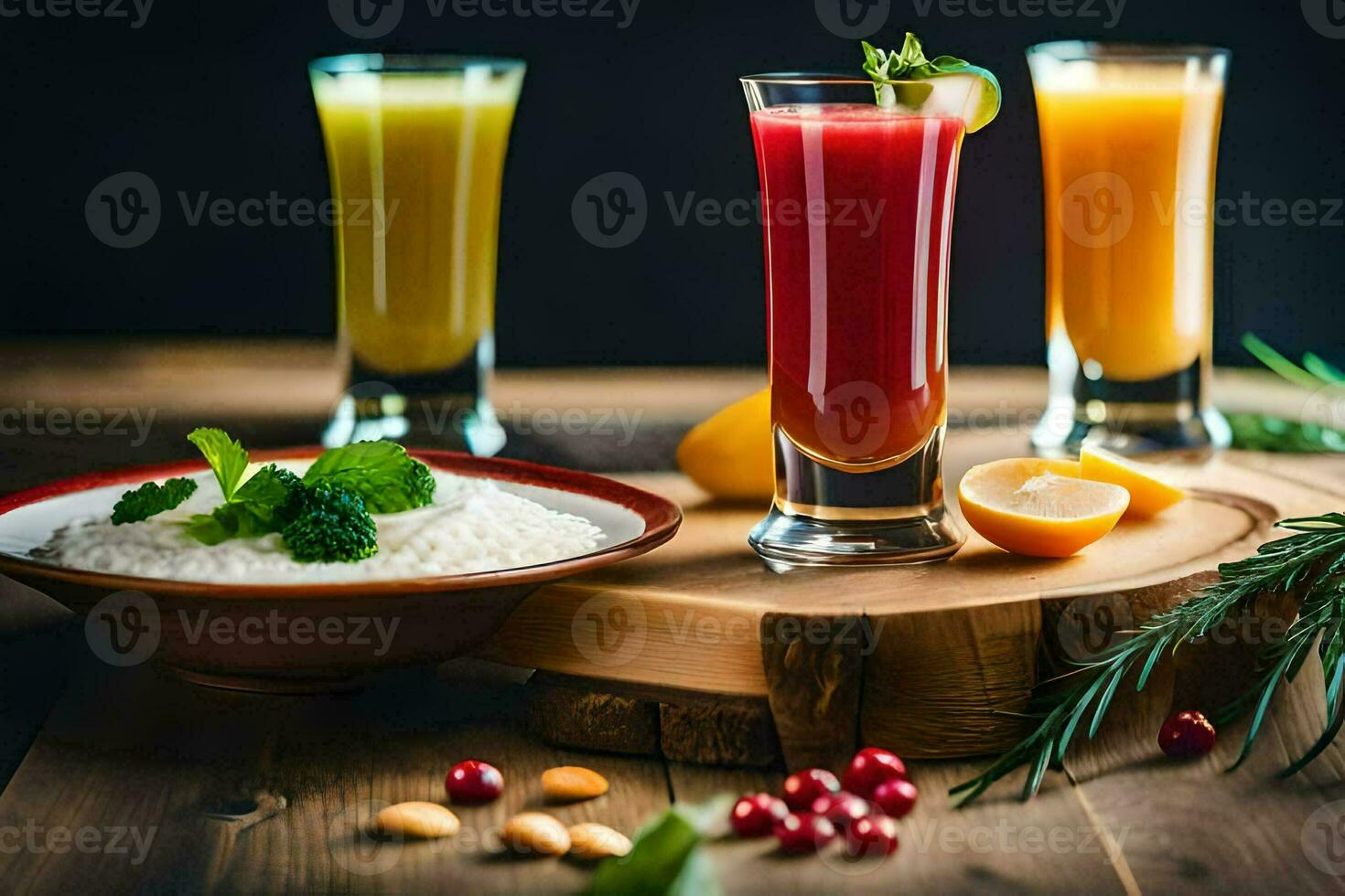 three glasses of juice and rice on a table. AI-Generated photo