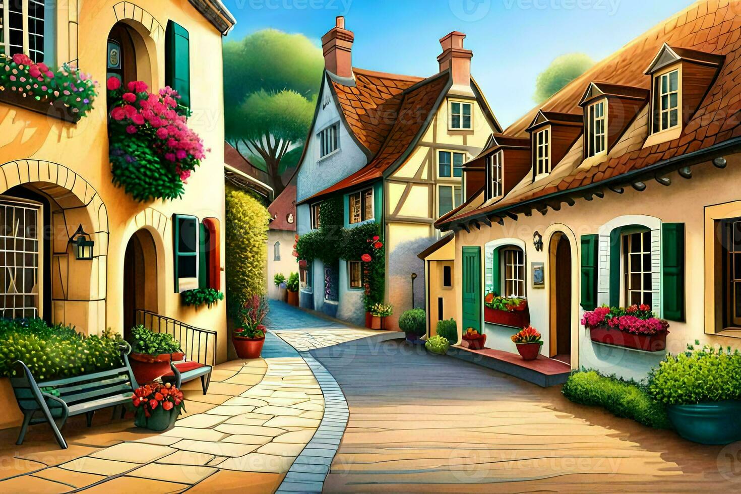 an illustration of a street in a small town. AI-Generated photo