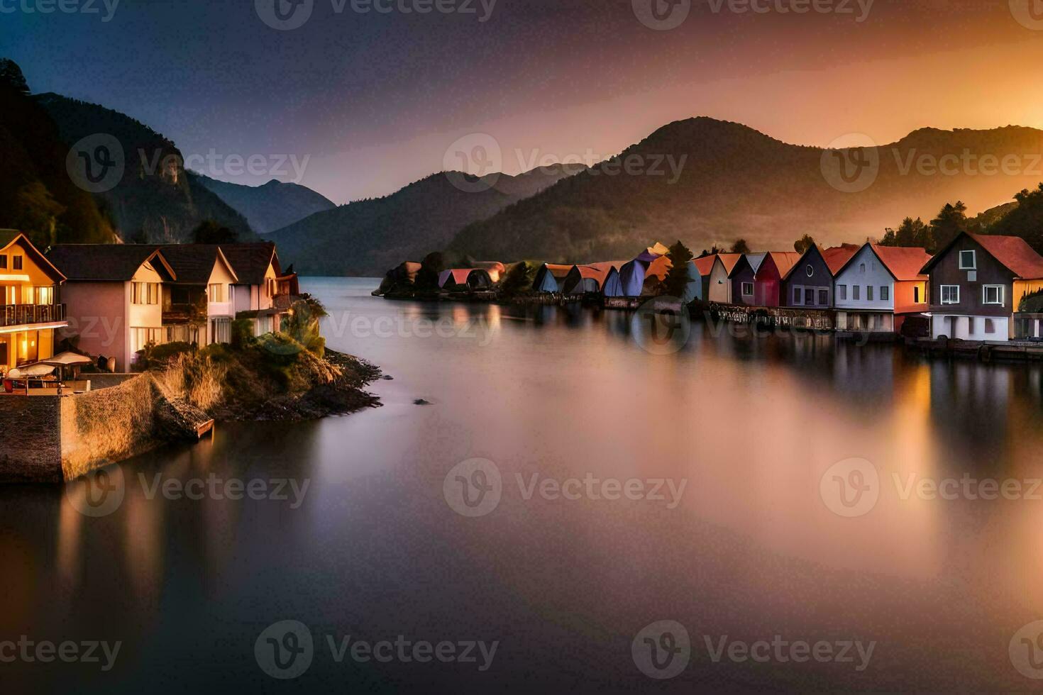a river and houses in the mountains at sunset. AI-Generated photo