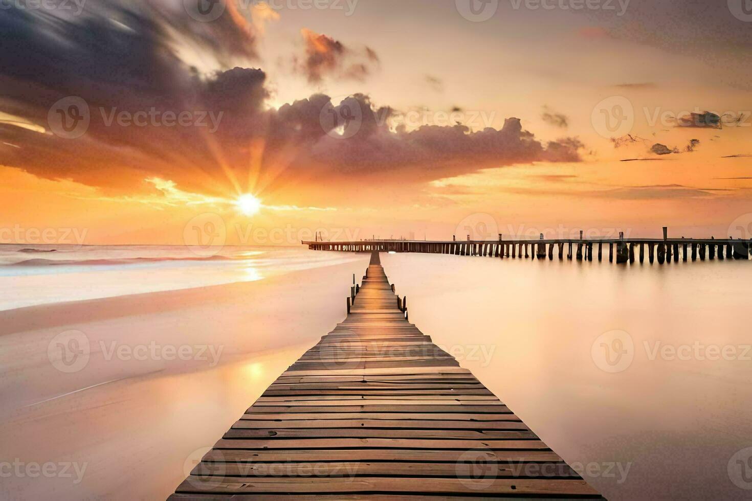 a wooden pier stretches out into the ocean at sunset. AI-Generated photo