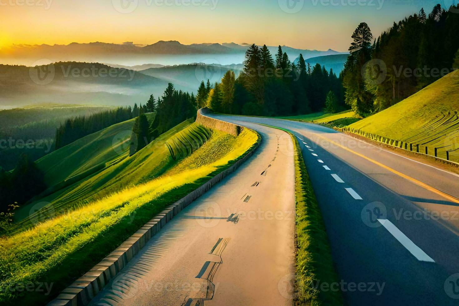 a scenic road in the mountains with a sunset. AI-Generated photo
