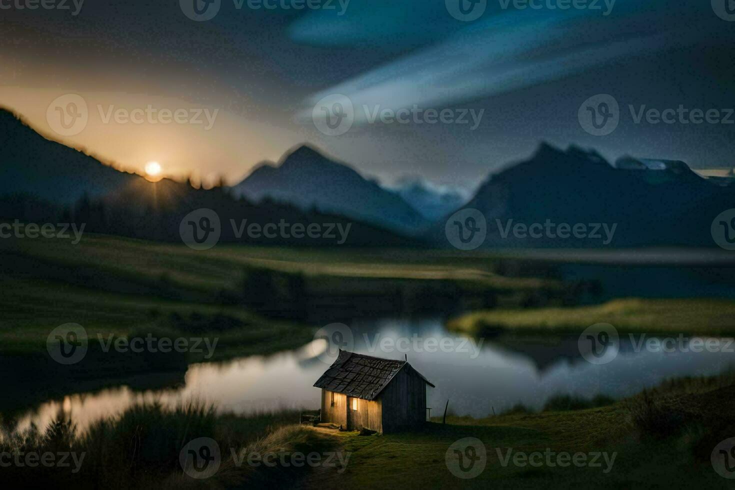 a small cabin sits on the edge of a lake at sunset. AI-Generated photo