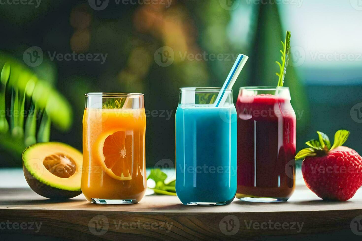 three different types of juices are shown on a table. AIGenerated