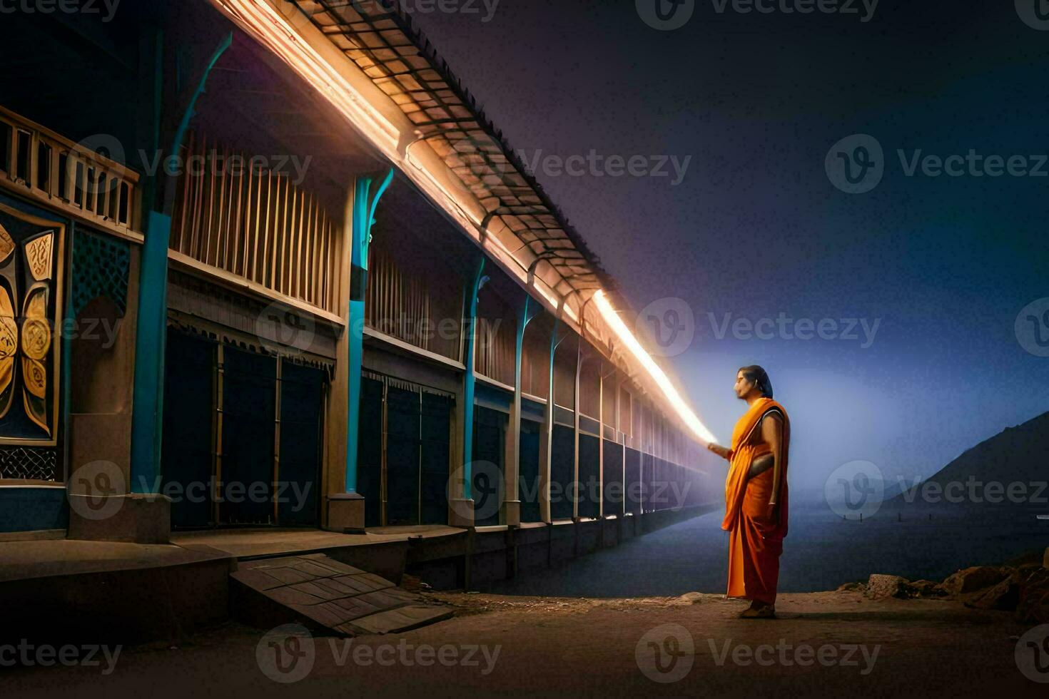 a monk standing in front of a building at night. AI-Generated photo