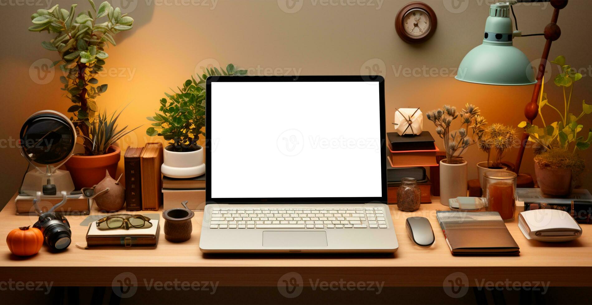 escritorio con computadora portátil, negocio fondo, trabajo desde hogar concepto - ai generado imagen foto
