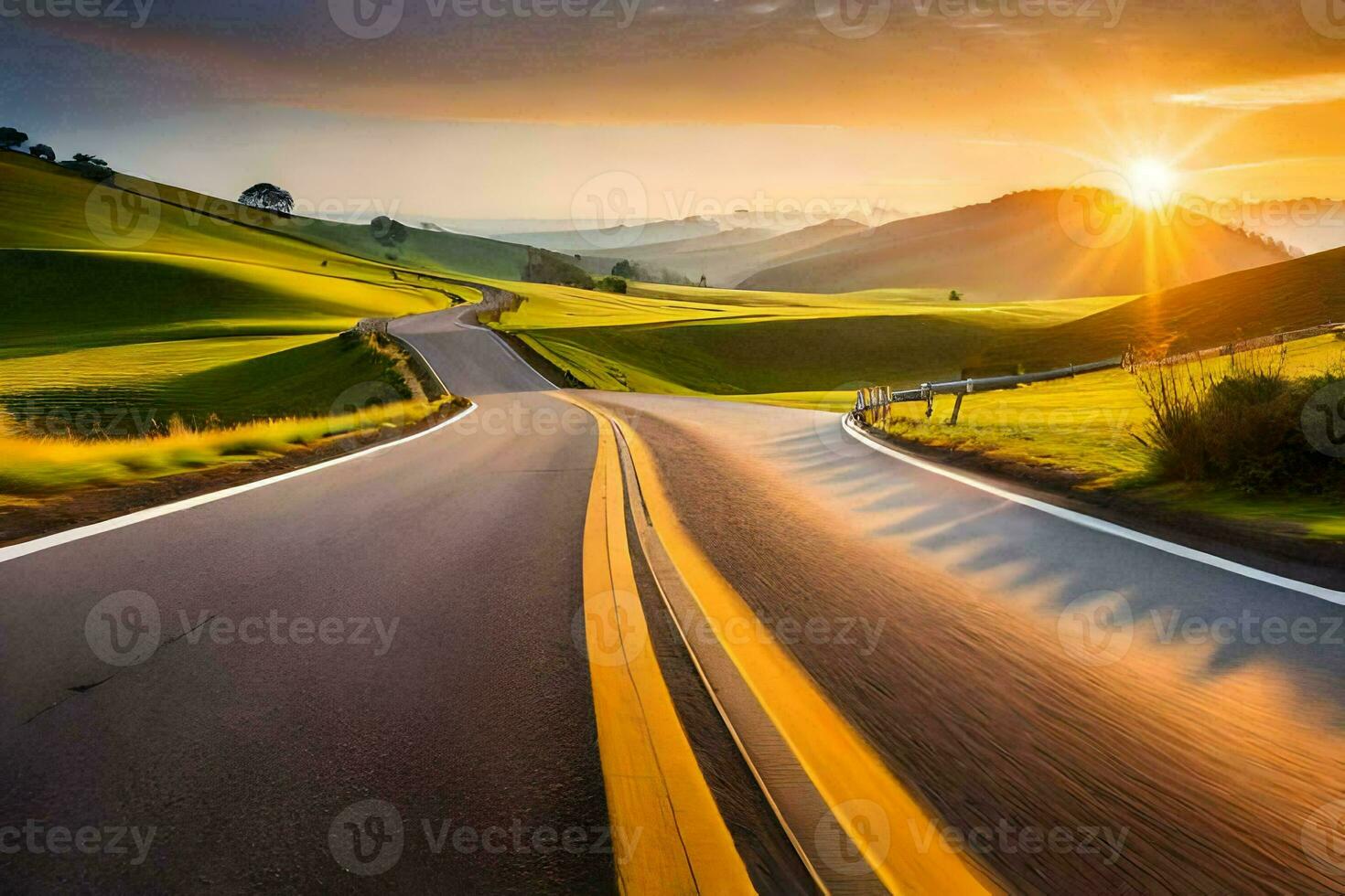 a road with the sun setting over the hills. AI-Generated photo