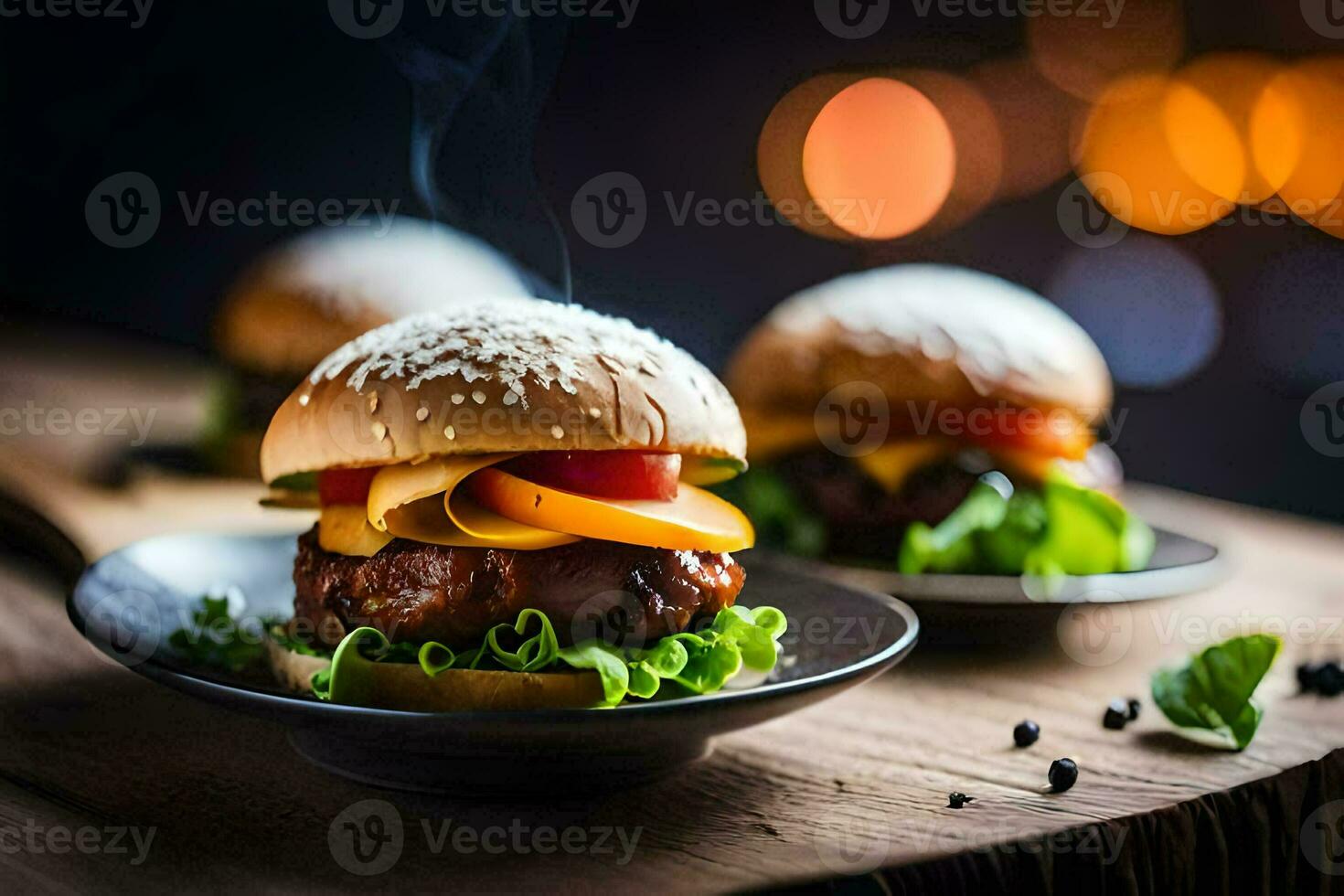 dos hamburguesas en un de madera mesa con fumar viniendo fuera de a ellos. generado por ai foto