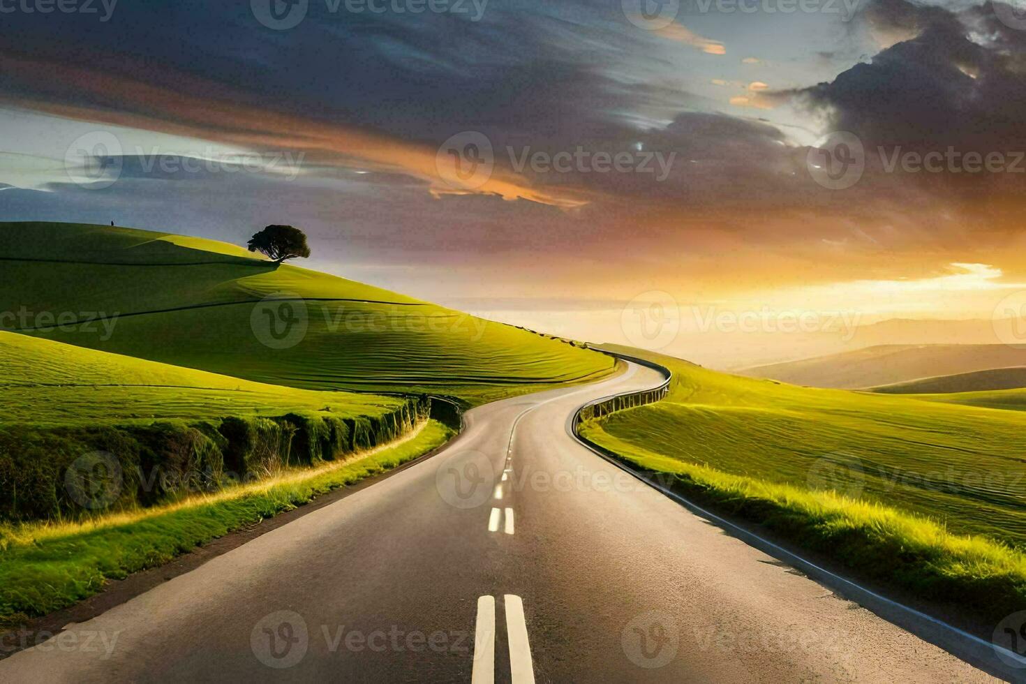 a long road with a tree in the middle of the road. AI-Generated photo