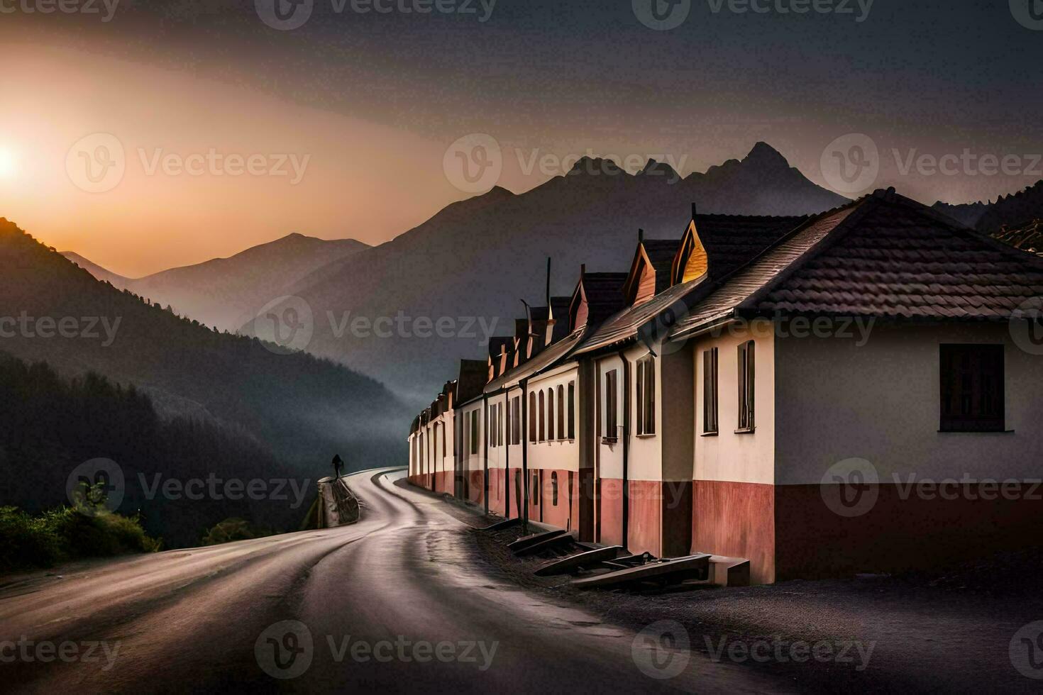 a road in the mountains with houses and mountains in the background. AI-Generated photo