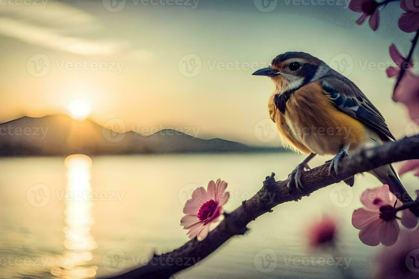 a bird sits on a branch near a lake at sunset. AI-Generated photo