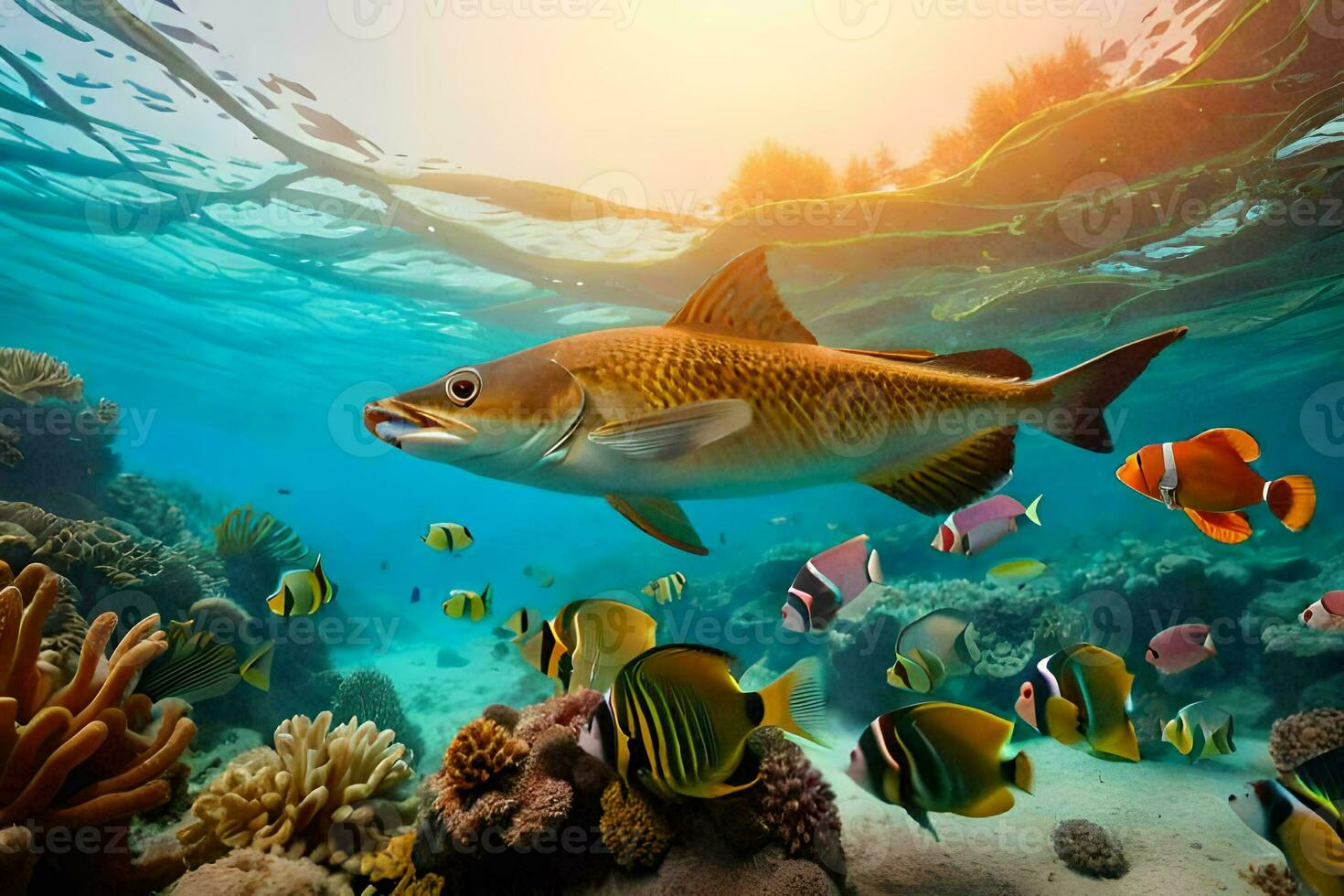 fish swimming in the ocean with coral reefs and fish. AI-Generated photo