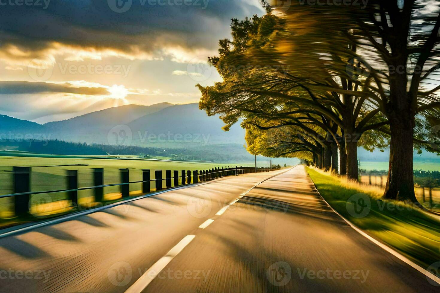 a road with trees and mountains in the background. AI-Generated photo