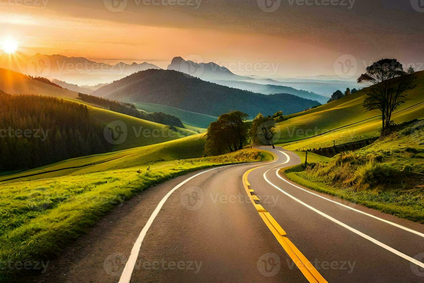 a road in the mountains with a sunset. AI-Generated photo