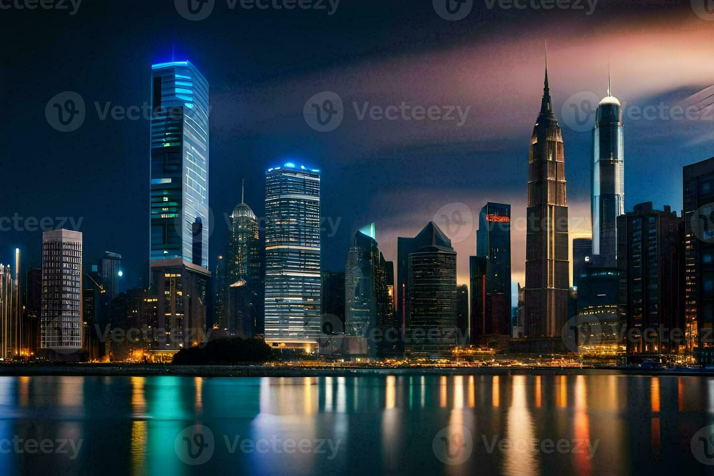 the city skyline at night with lights reflecting in the water. AI-Generated photo