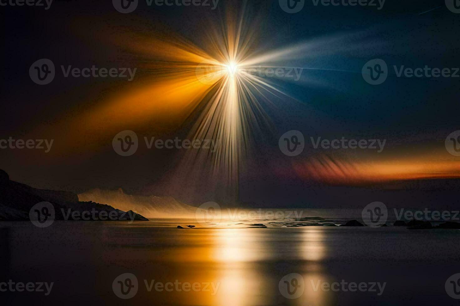 a bright light shines over the ocean at night. AI-Generated photo