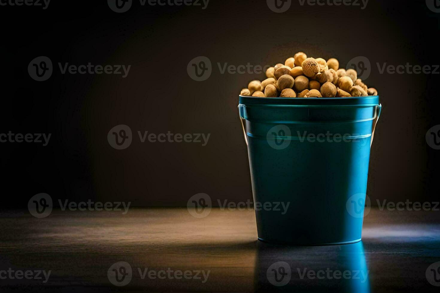 a bucket filled with peanuts on a dark table. AI-Generated photo