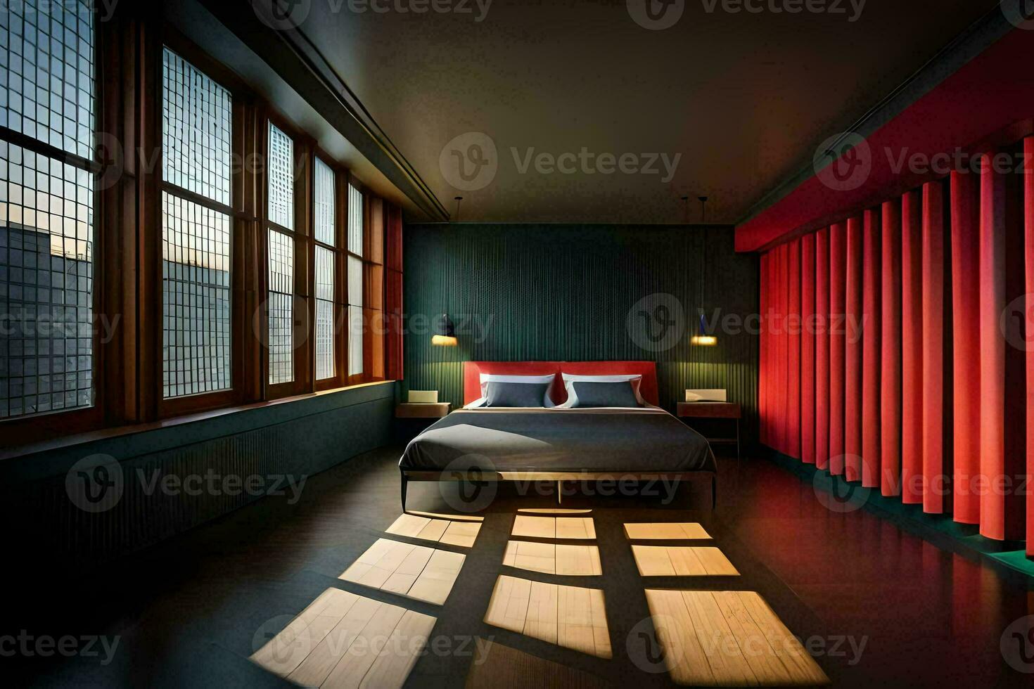 un dormitorio con rojo cortinas y un cama. generado por ai foto