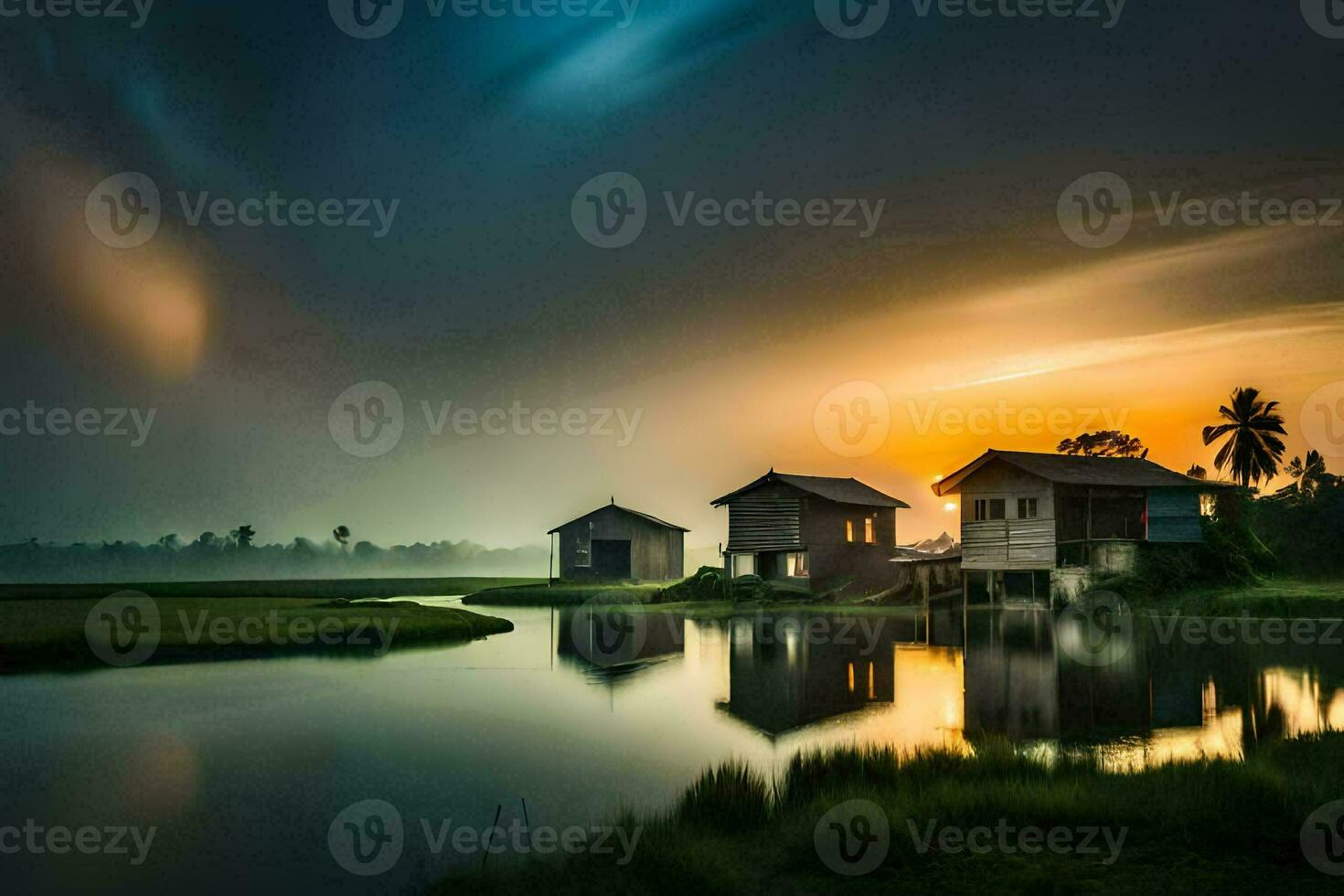the sun sets over a lake and two houses. AI-Generated photo