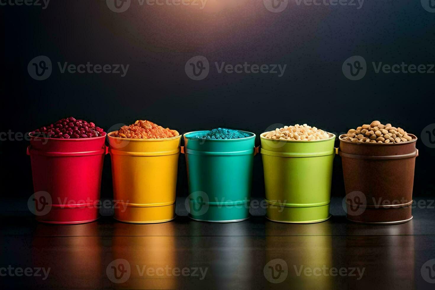 a row of colorful buckets with different colored grains. AI-Generated photo