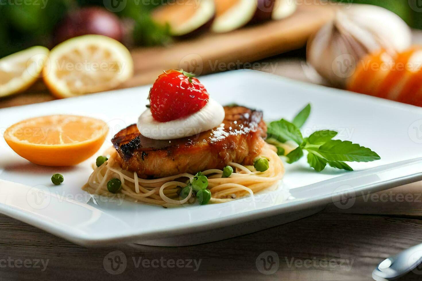a plate with food on it, including a strawberry and a slice of lemon. AI-Generated photo