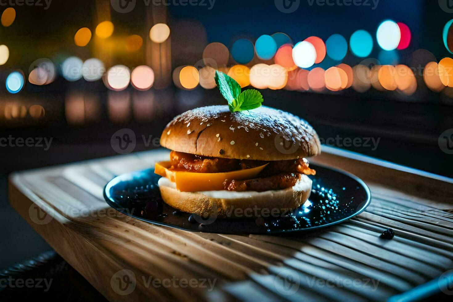 a hamburger on a plate with lights in the background. AI-Generated photo