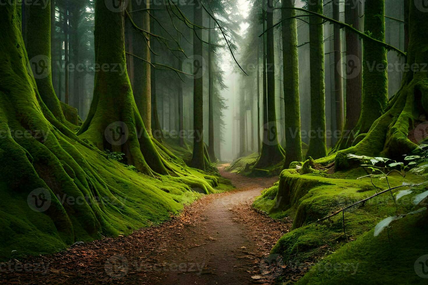 un camino mediante un bosque con cubierto de musgo arboles generado por ai foto
