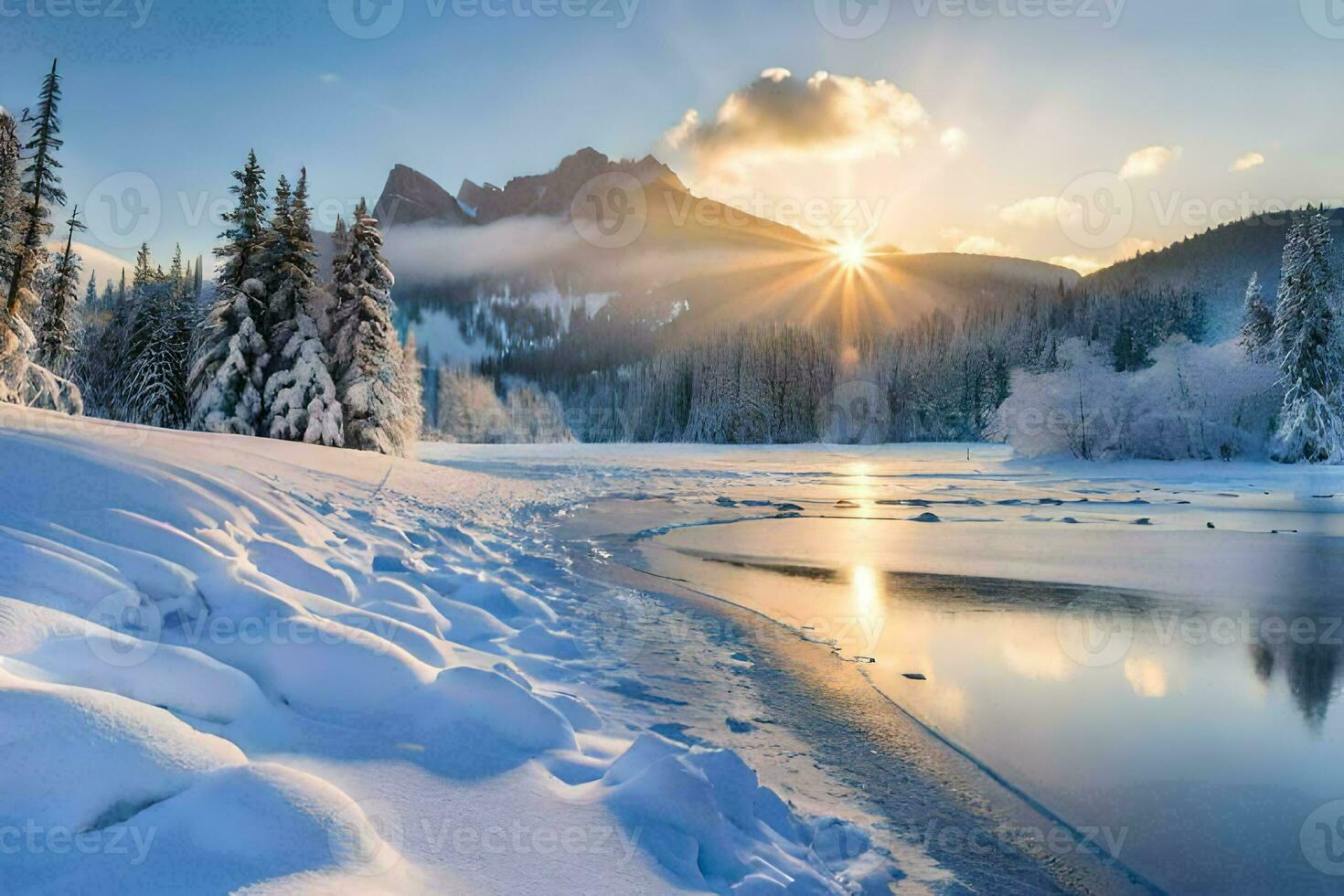 photo wallpaper the sky, snow, trees, mountains, sun, the mountains, lake, water. AIGenerated