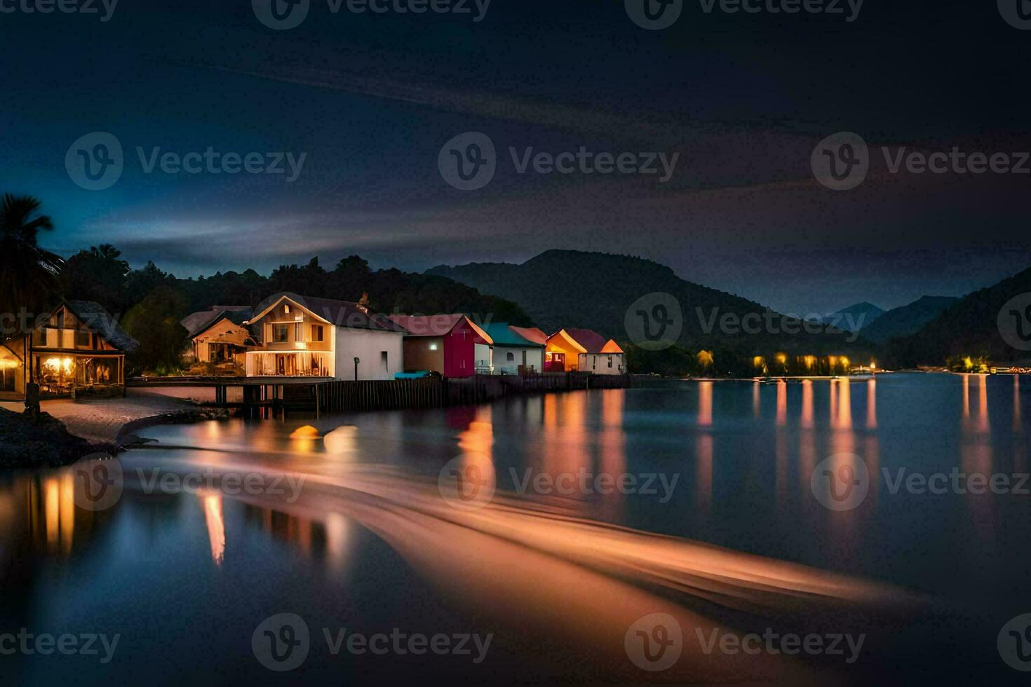 foto fondo de pantalla el cielo, noche, el mar, el agua, casas, el aldea, el. generado por ai