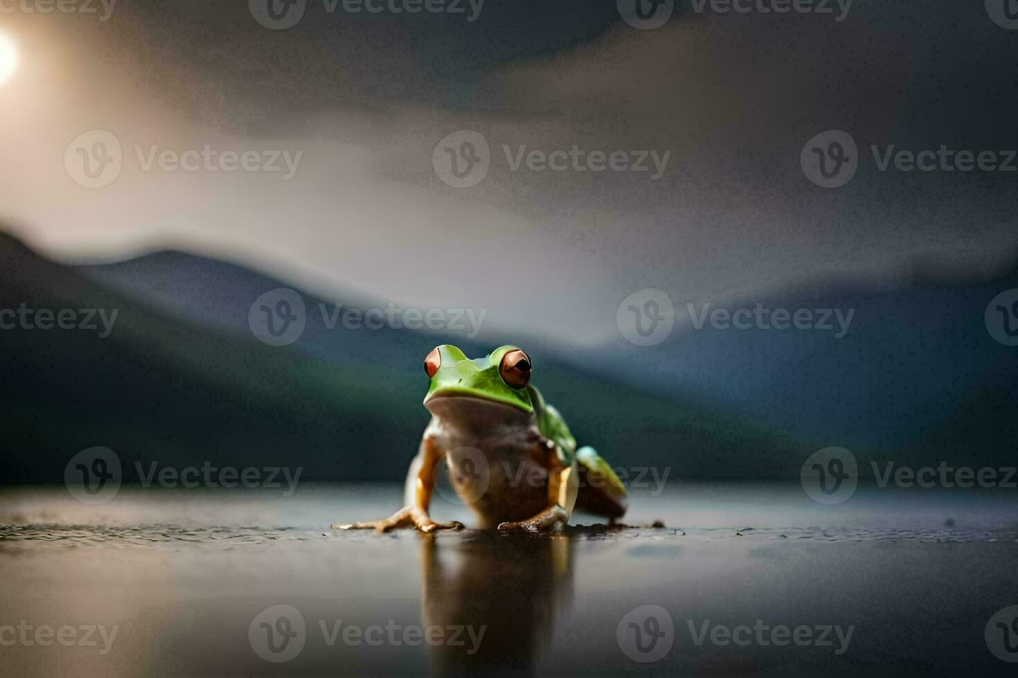 a frog sitting on the ground in front of a lake. AI-Generated photo