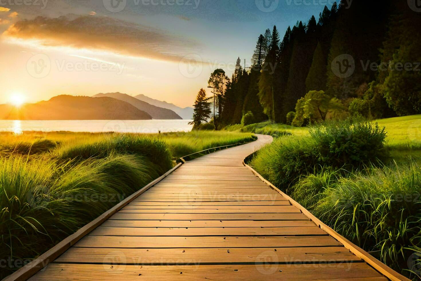 a wooden path leads to a lake and mountains at sunset. AI-Generated photo