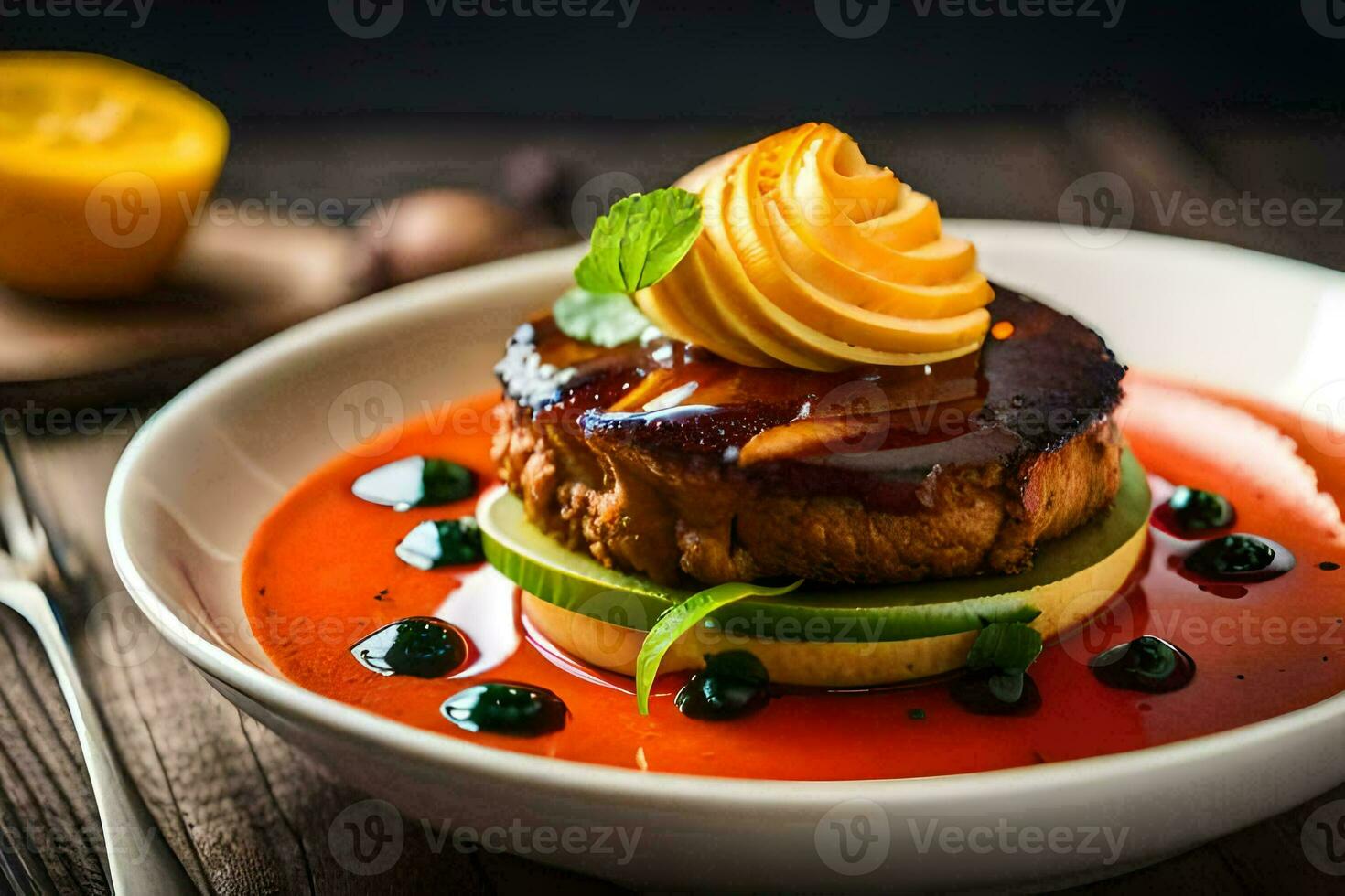 a plate with a meat dish on top. AI-Generated photo